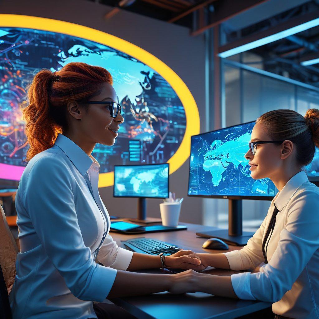A futuristic digital landscape depicting a diverse group of professionals collaborating over computer screens showcasing domain support tools. Elements of joy and satisfaction portrayed through bright and uplifting colors, with visual metaphors like gears representing seamless online transformation. The scene is lively and vibrant, emphasizing teamwork and innovation. super-realistic. vibrant colors. dynamic composition.