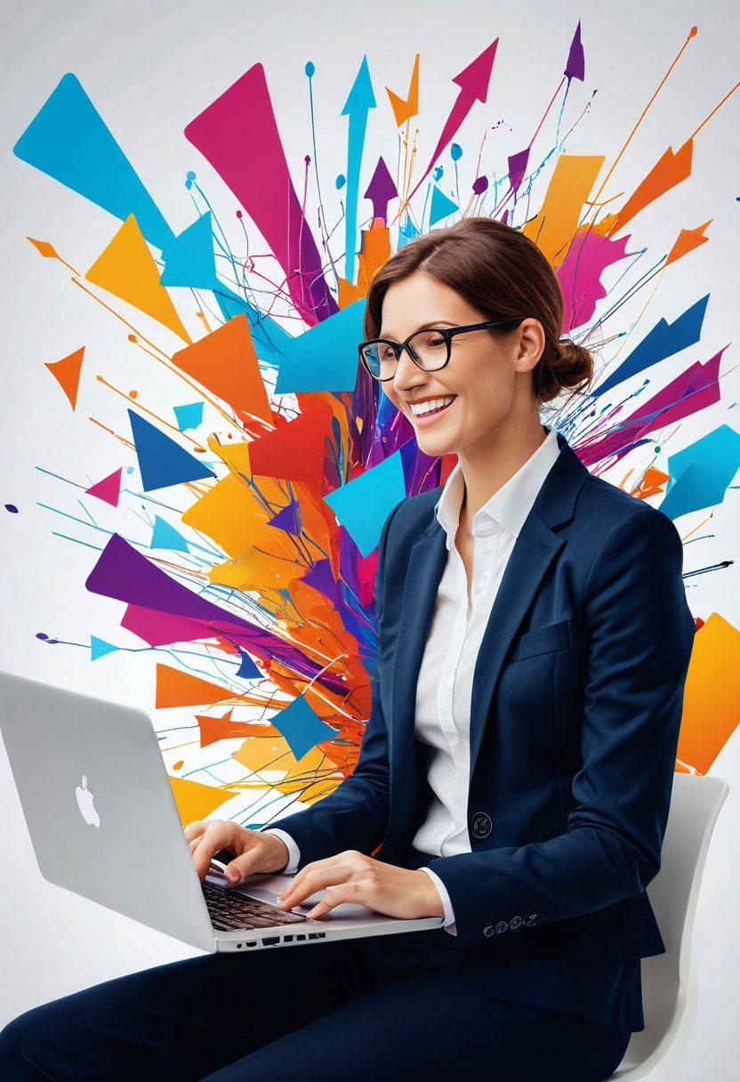 An inspiring scene of a domain consultant joyfully interacting with clients over a laptop, surrounded by colorful digital icons representing growth and online presence, with a bright and uplifting atmosphere. The background features abstract waves of internet connections symbolizing transformation and joy in the online world. super-realistic. vibrant colors. white background.